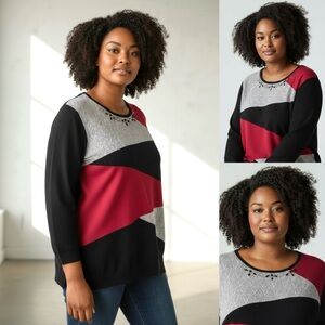 Alfred Dunner Knit Sweater Embellished Neckline 3/4 Sleeve Colorblock Crewneck